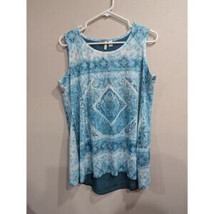 Teal Mandala sleeveless shell/tank with breezy gauzy open mesh back size M